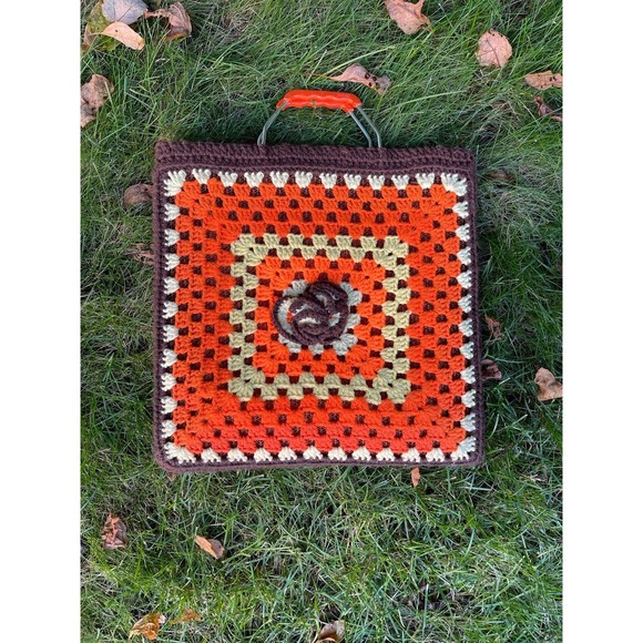 Vintage Large 15” Crochet Brown and Orange Bag - Picture 5 of 8